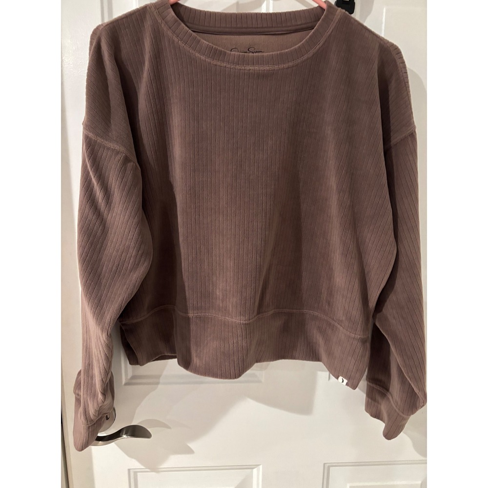 Jessica Simpson Active Pullover Ribbed‎ Brown Crop Top Sweatshirt Relaxed XS